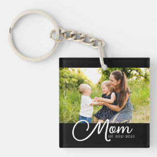 Mom Established Script Black Photo Keychain