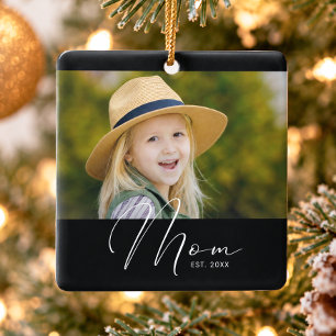 Mom Established Script Black Photo New Mom Ceramic Ornament