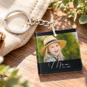 Mom Established Script Black Photo New Mom Keychain
