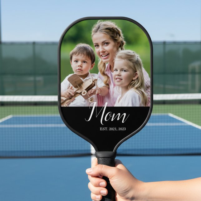 Mom Established Script Black Photo  Pickleball Paddle (Creator Uploaded)