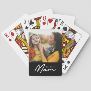 Mom Established Script Black Photo Playing Cards
