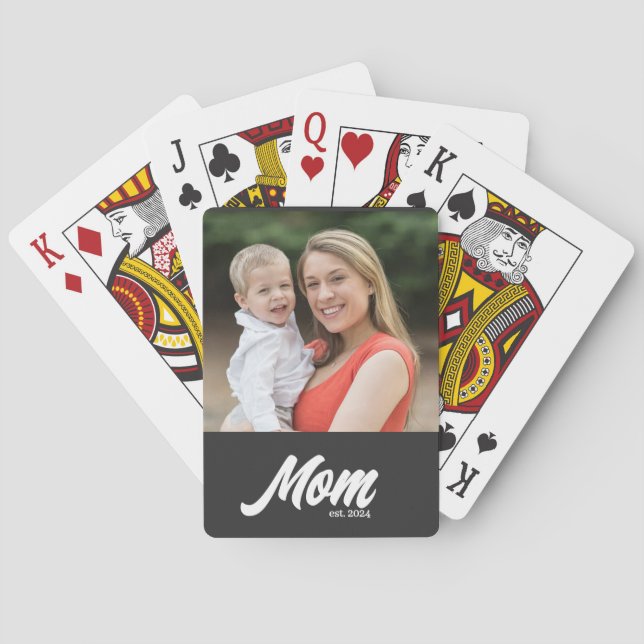 Mom Established Script Black Photo Playing Cards (Back)