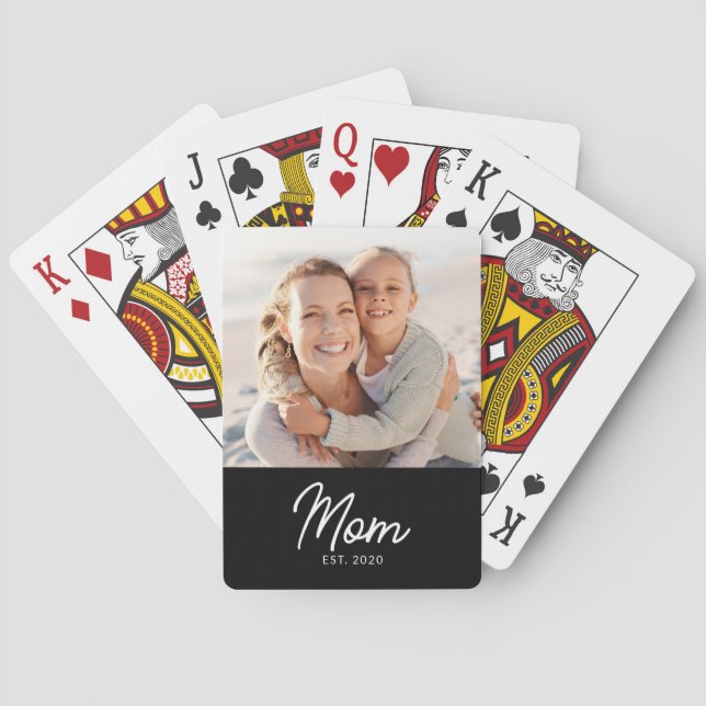 Mom Established Script Black Photo Playing Cards (Back)