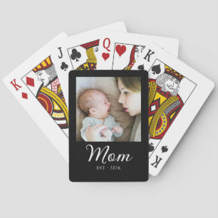 Mom Established Script Black Photo Playing Cards