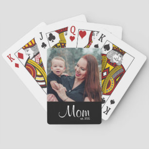 Mom Established Script Black Photo Playing Cards