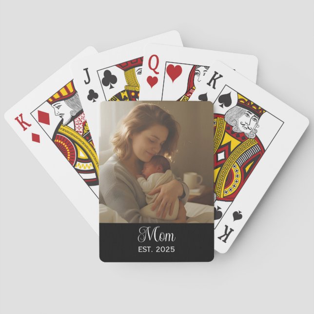 Mom Established Script Black Photo Playing Cards (Back)