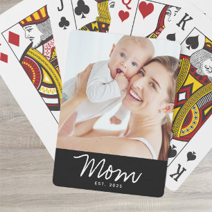 Mom Established Script Black Photo Playing Cards