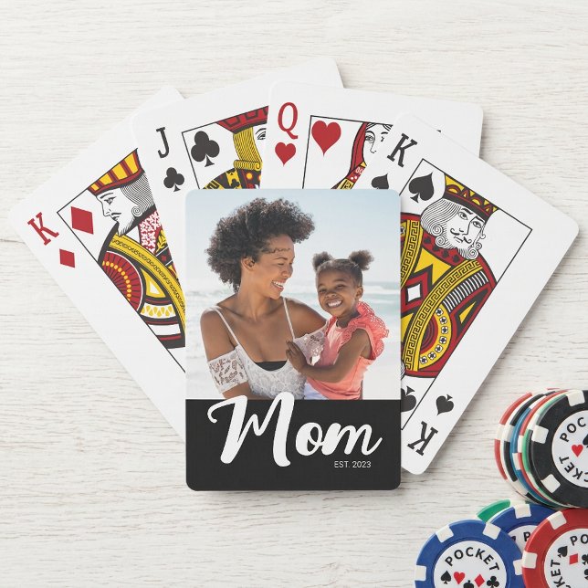 Mom Established Script Black Photo Playing Cards (Mom Established Script Black Photo Poker Cards )