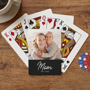 Mom Established Script Black Photo Playing Cards
