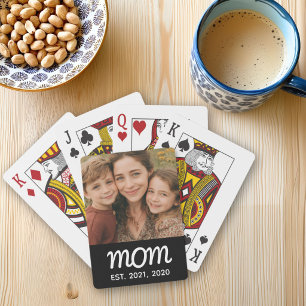 Mom Established Script Black Photo Playing Cards