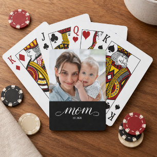 Mom Established Script Black Photo Playing Cards
