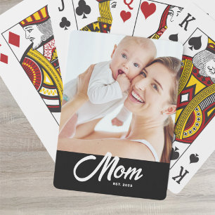 Mom Established Script Black Photo Playing Cards
