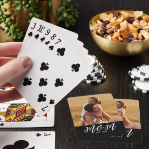Mom Established Script Black Photo Playing Cards