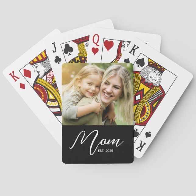 Mom Established Script Black Photo Playing Cards (Back)