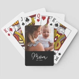 Mom Established Script Black Photo Playing Cards