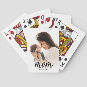 Mom Established Script Black Photo Playing Cards