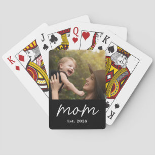 Mom Established Script Black Photo Playing Cards