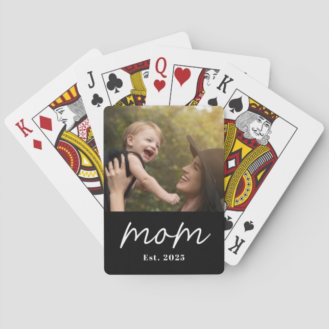 Mom Established Script Black Photo Playing Cards (Back)