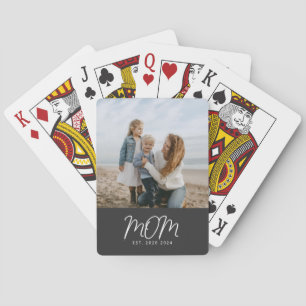 Mom Established Script Black Photo Playing Cards