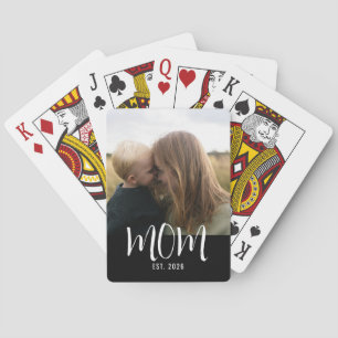 Mom Established Script Black Photo Playing Cards
