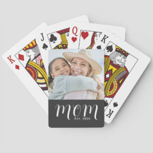 Mom Established Script Black Photo Playing Cards