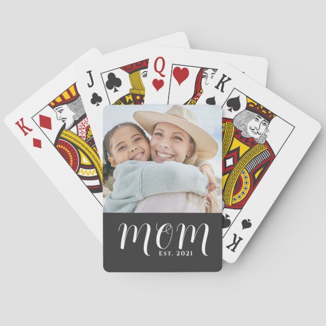 Mom Established Script Black Photo Playing Cards (Back)