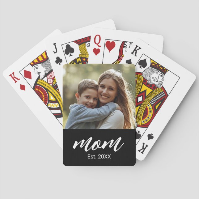 Mom Established Script Black Photo Playing Cards (Back)