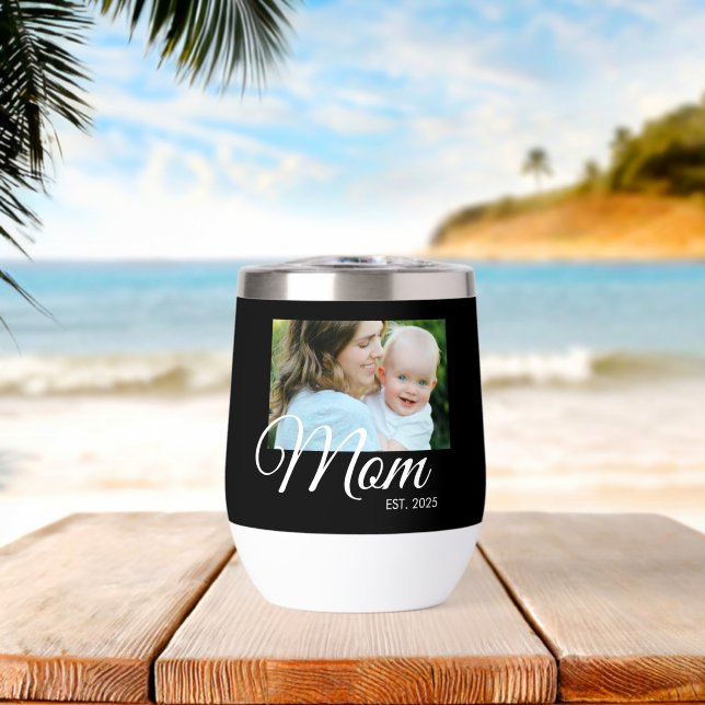 Mom Established Script Black Photo Thermal Wine  (Beach (Rotated))