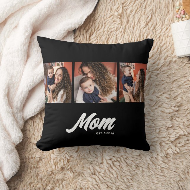Mom Established Script Black Photo Throw Pillow (Blanket)