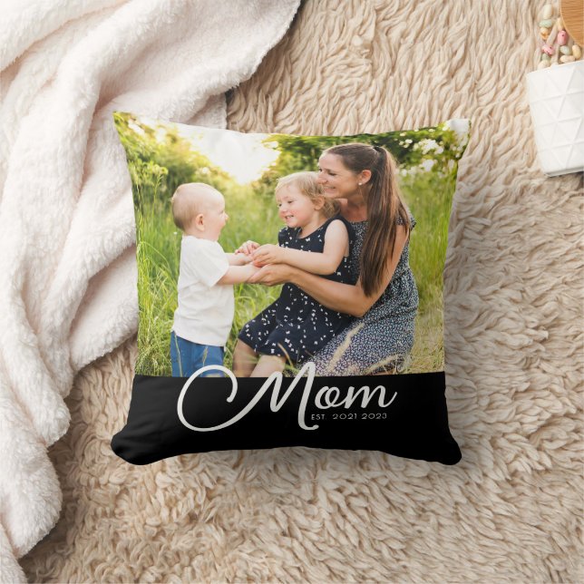 Mom Established Script Black Photo  Throw Pillow (Blanket)