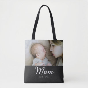 Mom Established Script Black Photo Tote Bag