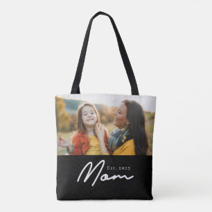 Mom Established Script Black Photo Tote Bag