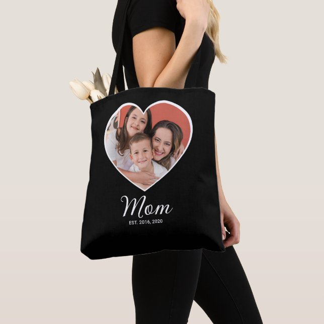 Mom Established Script Black Photo Tote Bag (Close Up)