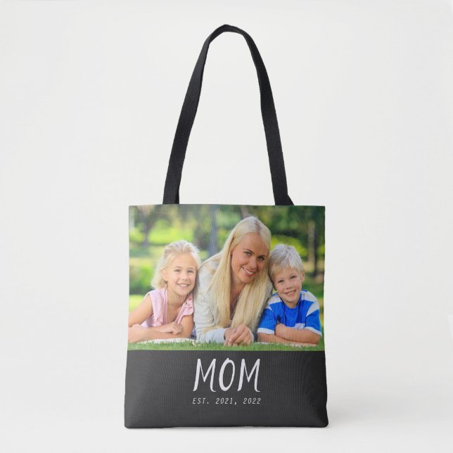 Mom Established Script Black Photo Tote Bag (Front)