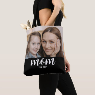 Mom Established Script Black Photo  Tote Bag