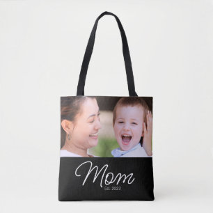 Mom Established Script Black Photo Tote Bag