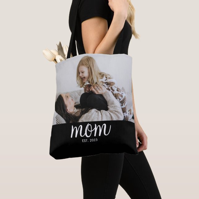 Mom Established Script Black Photo Tote Bag (Close Up)