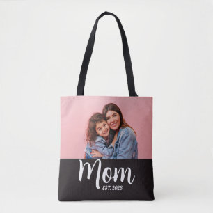 Mom Established Script Black Photo  Tote Bag