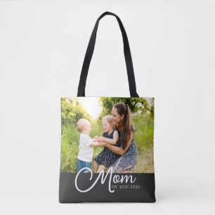 Mom Established Script Black Photo Tote Bag