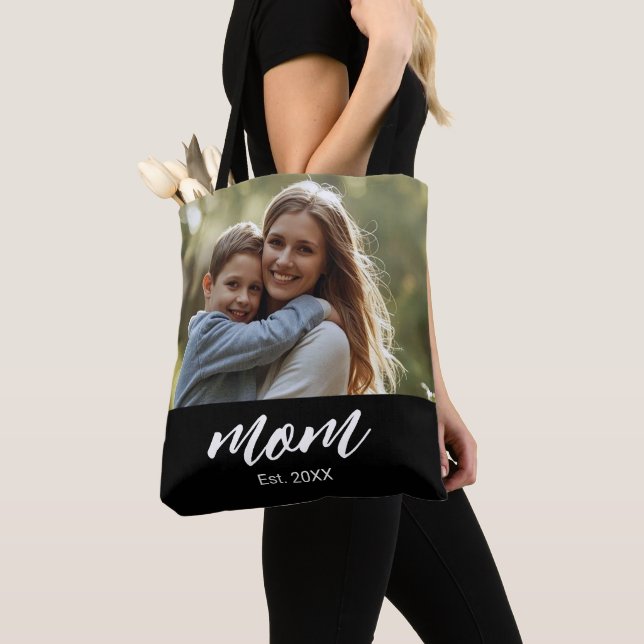 Mom Established Script Black Photo Tote Bag (Close Up)