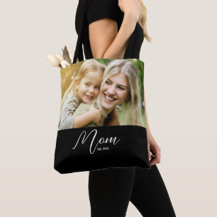 Mom Established Script Black Photo Tote Bag