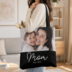 Mom Established Script Black Photo Tote Bag