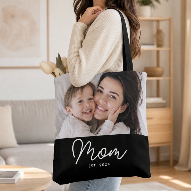 Mom Established Script Black Photo Tote Bag (Creator Uploaded)