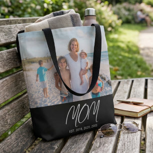 Mom Established Script Black Photo Tote Bag