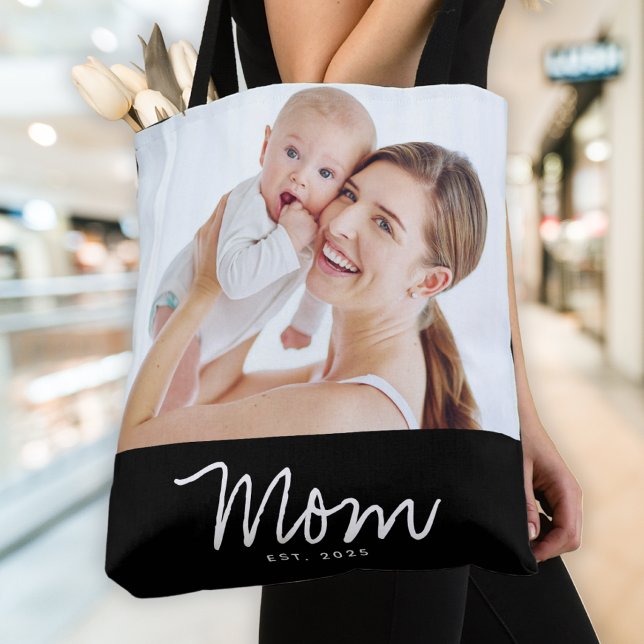 Mom Established Script Black Photo Tote Bag (Creator Uploaded)