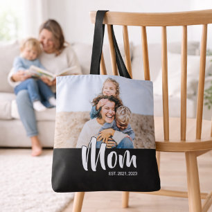 Mom Established Script Black Photo Tote Bag