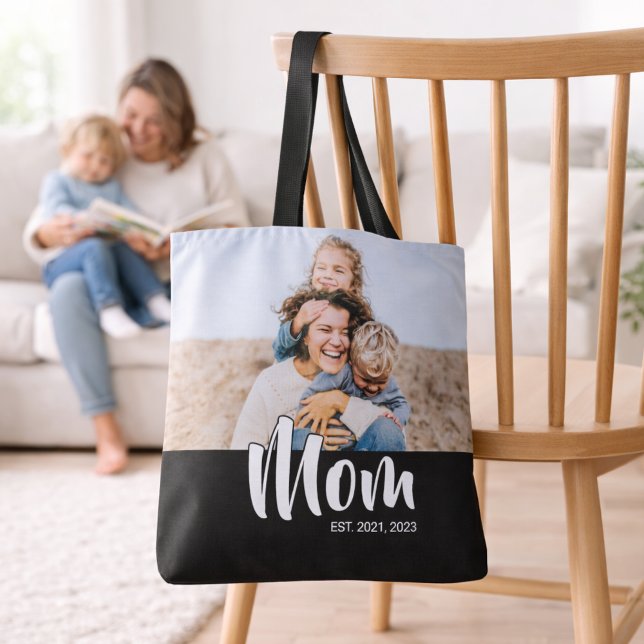 Mom Established Script Black Photo Tote Bag (Mom Established Script Black Photo Tote Bag)