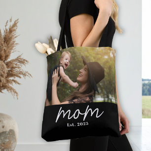 Mom Established Script Black Photo Tote Bag