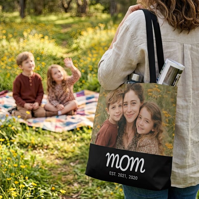 Mom Established Script Black Photo Tote Bag (Creator Uploaded)