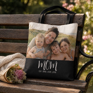 Mom Established Script Black Photo Tote Bag